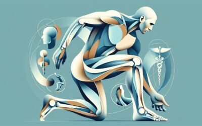 Kneeling human anatomy illustration with medical and health symbols for healthcare and medical websi.