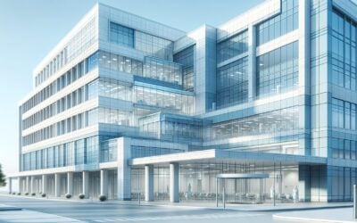 Modern glass office building with sleek architecture and reflective surfaces.