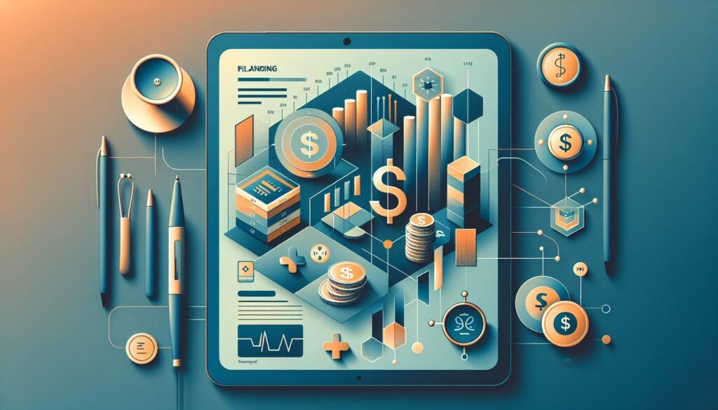 Investing and financial growth analysis on a digital tablet with charts and dollar icons.