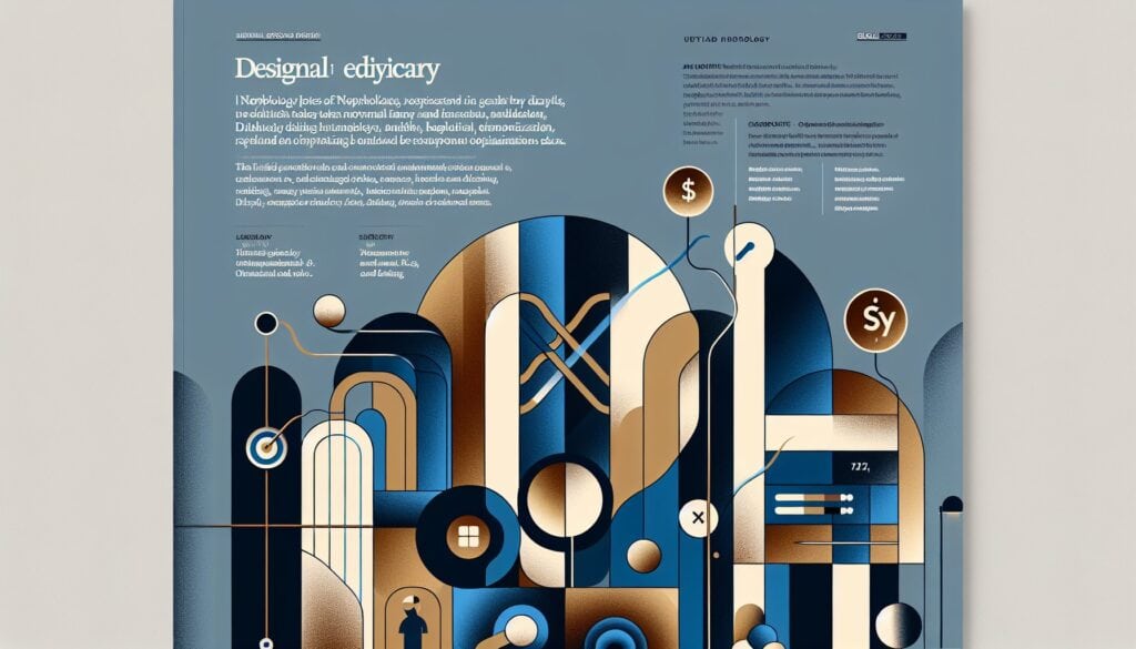 Innovative infographic on design and technology with abstract geometric shapes and data visualizatio.