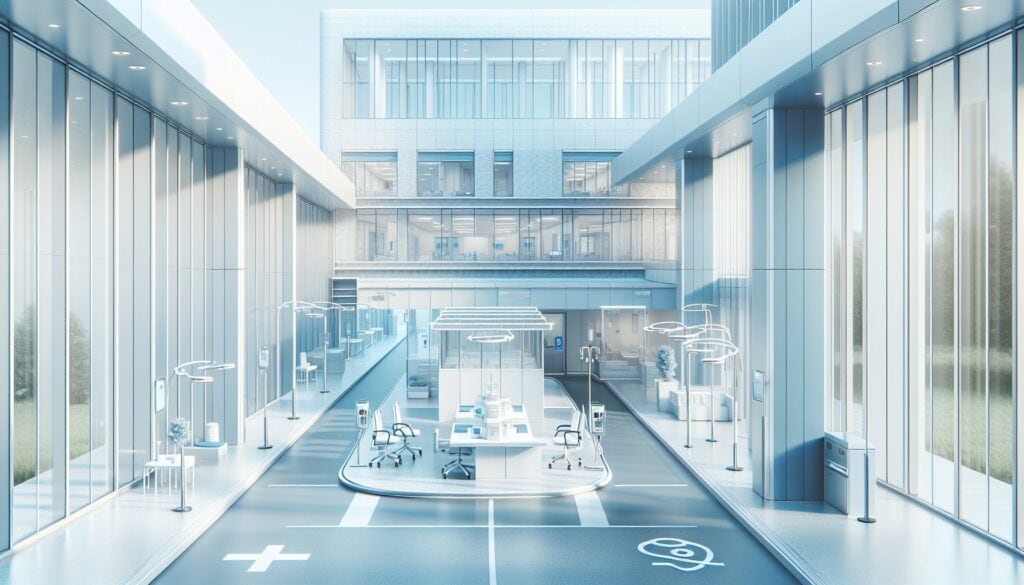 Modern hospital corridor with advanced medical equipment and bright natural lighting for healthcare.