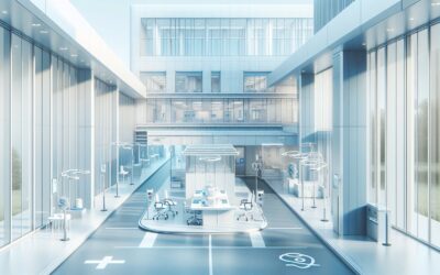 Modern hospital corridor with advanced medical equipment and bright natural lighting for healthcare.