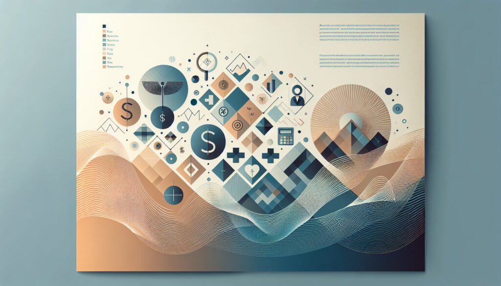 Financial data analysis and digital marketing icons representing growth and investment strategies.