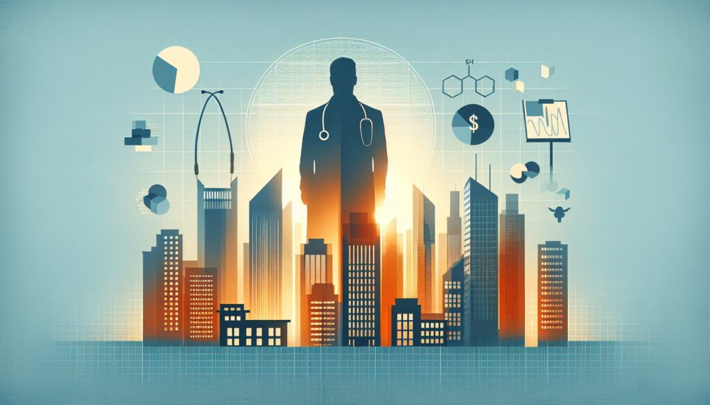 AI-powered healthcare technology with a doctor silhouette and digital cityscape background.