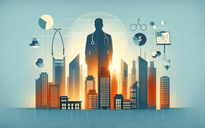 AI-powered healthcare technology with a doctor silhouette and digital cityscape background.