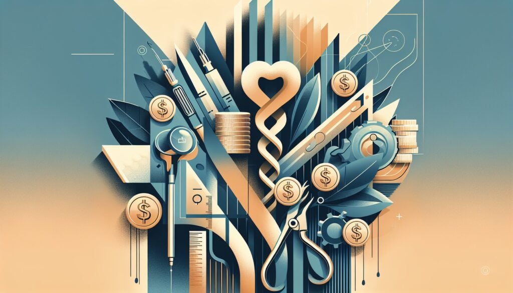 Investing and financial growth concept with tools, coins, and symbols representing wealth and money.