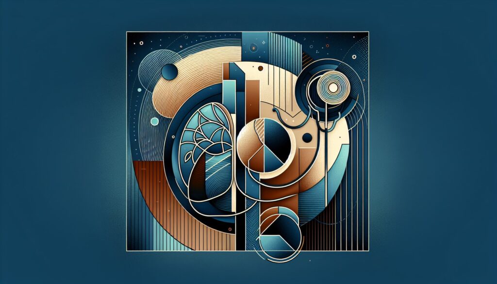 Innovative abstract geometric art with circular and linear patterns in blue, beige, and brown tones.