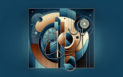 Innovative abstract geometric art with circular and linear patterns in blue, beige, and brown tones.