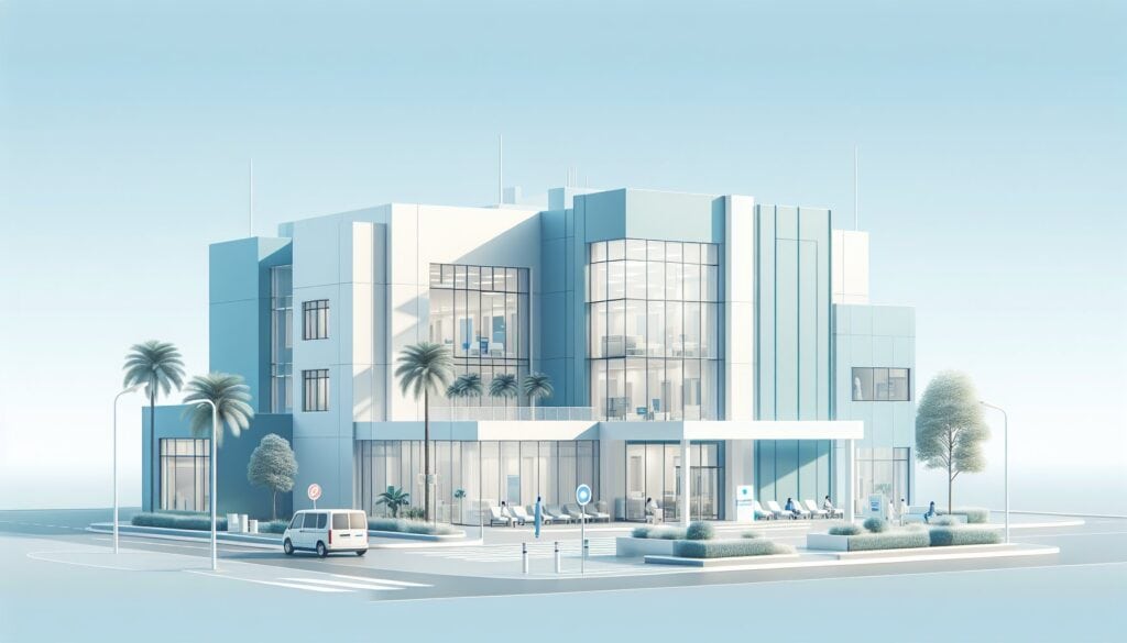 Modern multi-story office building with glass facade and palm trees, showcasing contemporary archite.