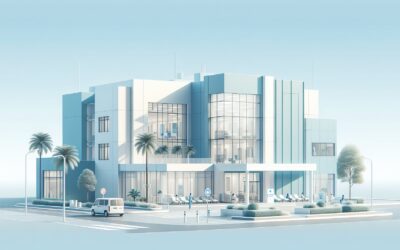 Modern multi-story office building with glass facade and palm trees, showcasing contemporary archite.