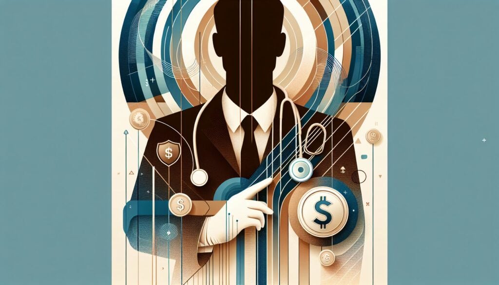 AI-powered healthcare technology concept with a doctor and digital financial icons.