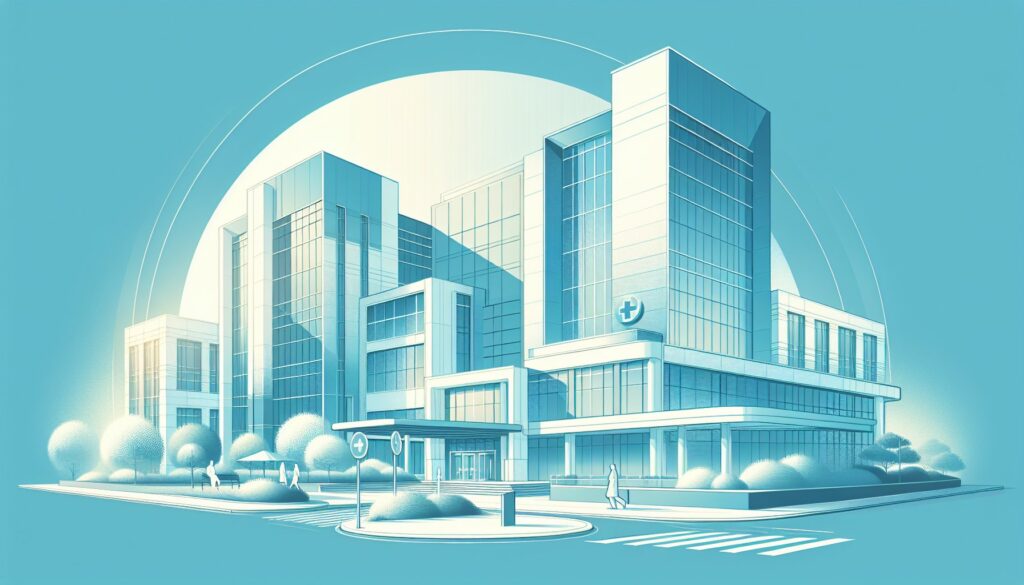 High-tech hospital building with modern glass architecture and medical facilities.