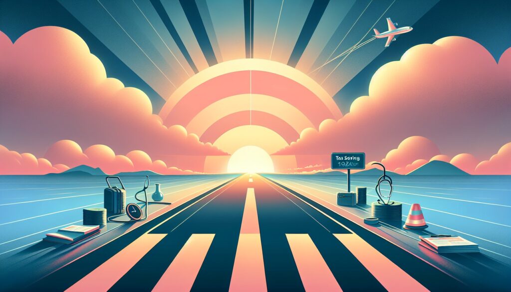 Sunset over a runway with an airplane taking off, vibrant clouds, and travel-related items in a colo.