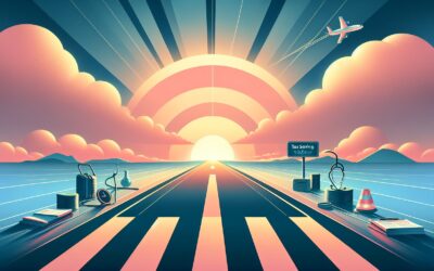 Sunset over a runway with an airplane taking off, vibrant clouds, and travel-related items in a colo.