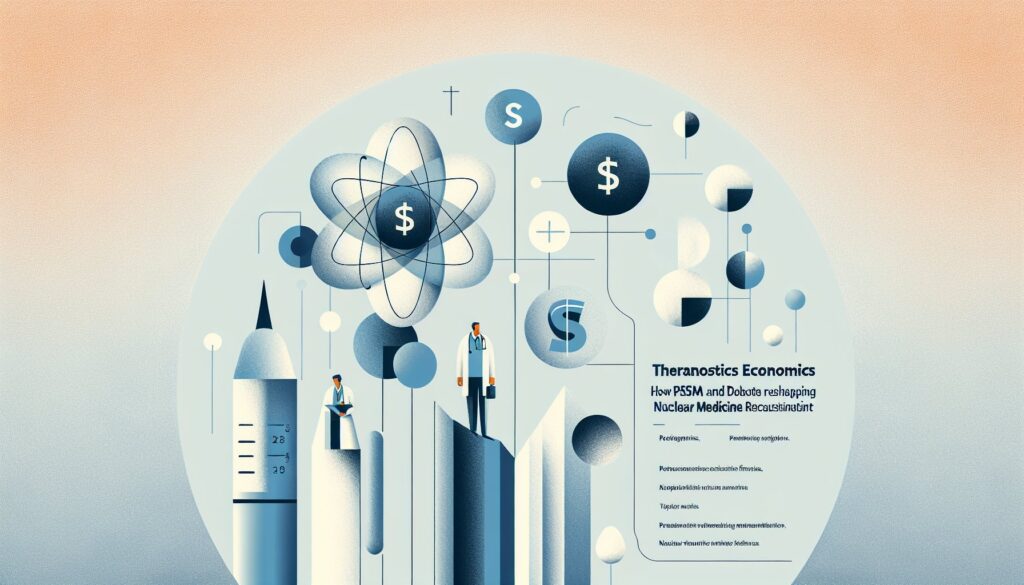 Innovative science and economics illustration with scientists analyzing nuclear medicine and economi.
