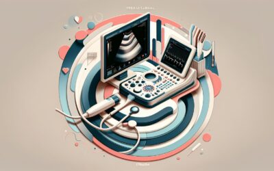 An ultrasound medical device with monitors and probes for diagnostic imaging.