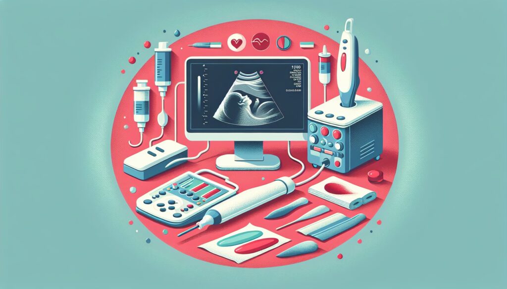 Ultrasound medical imaging equipment with probes and monitors for diagnostic purposes.