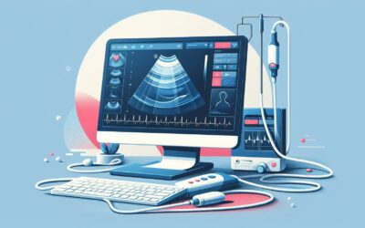 Ultrasound medical imaging device with monitor and probes for diagnostic purposes.