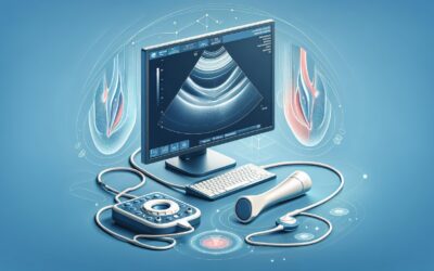 An ultrasound medical device displaying a fetal scan on the monitor.