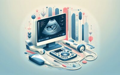 An ultrasound medical imaging device with a monitor displaying a fetus scan.