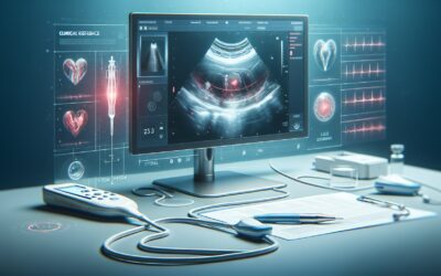 Ultrasound medical imaging device displaying heart and fetal scans for diagnostic purposes.