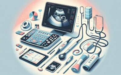 Ultrasound medical equipment with monitor, probes, and accessories for diagnostic imaging.