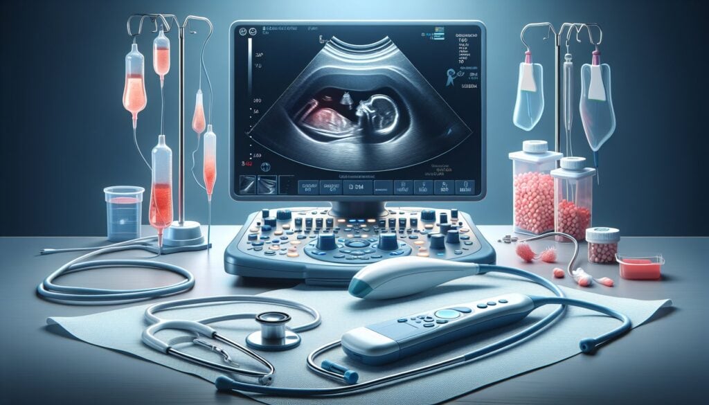 Ultrasound medical equipment with monitor and probes for prenatal imaging.
