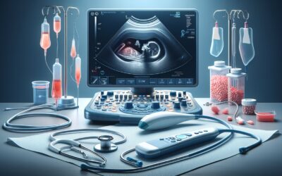 Ultrasound medical equipment with monitor and probes for prenatal imaging.