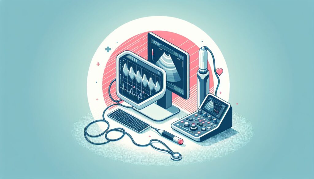 High-tech medical equipment with monitors, ultrasound, and diagnostic tools for healthcare analysis.