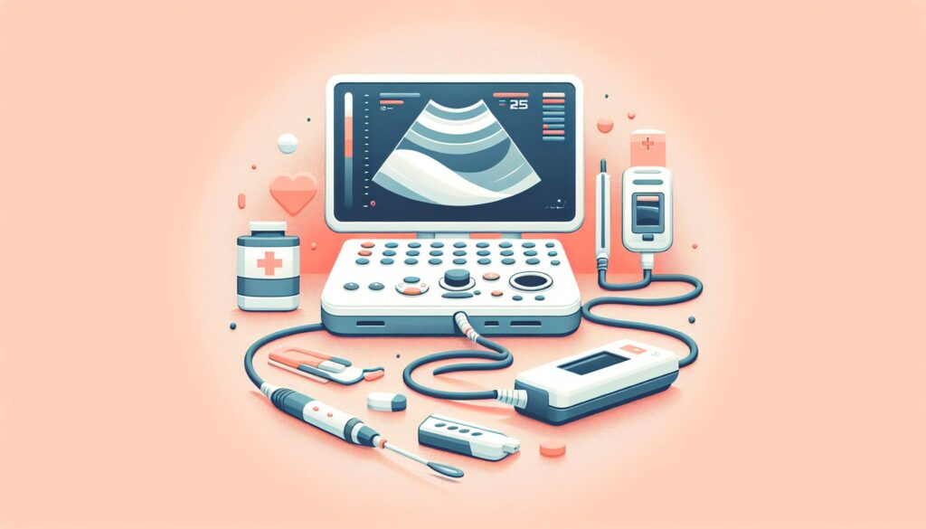 An ultrasound medical device with probes and medical supplies for diagnostic imaging.