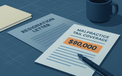 Resignation letter and malpractice claim document on a desk with a coffee mug and pen.