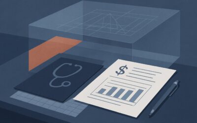 Medical and financial documents with a stethoscope and pen on a dark desk.