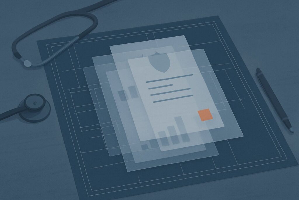 Medical report with stethoscope and documents on a digital blueprint.