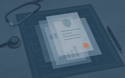 Medical report with stethoscope and documents on a digital blueprint.