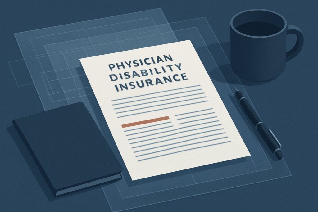 Physician disability insurance document on a desk with a pen and coffee mug.
