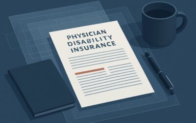 Physician disability insurance document on a desk with a pen and coffee mug.