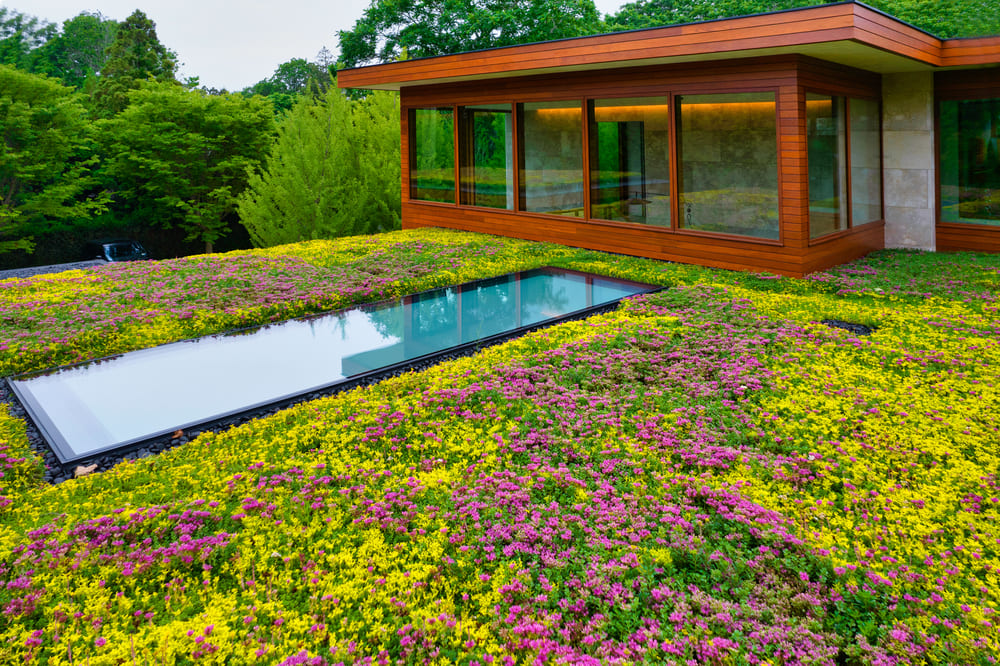 Modern home with a planted green roof and a recessed SkyFloor walkable skylight