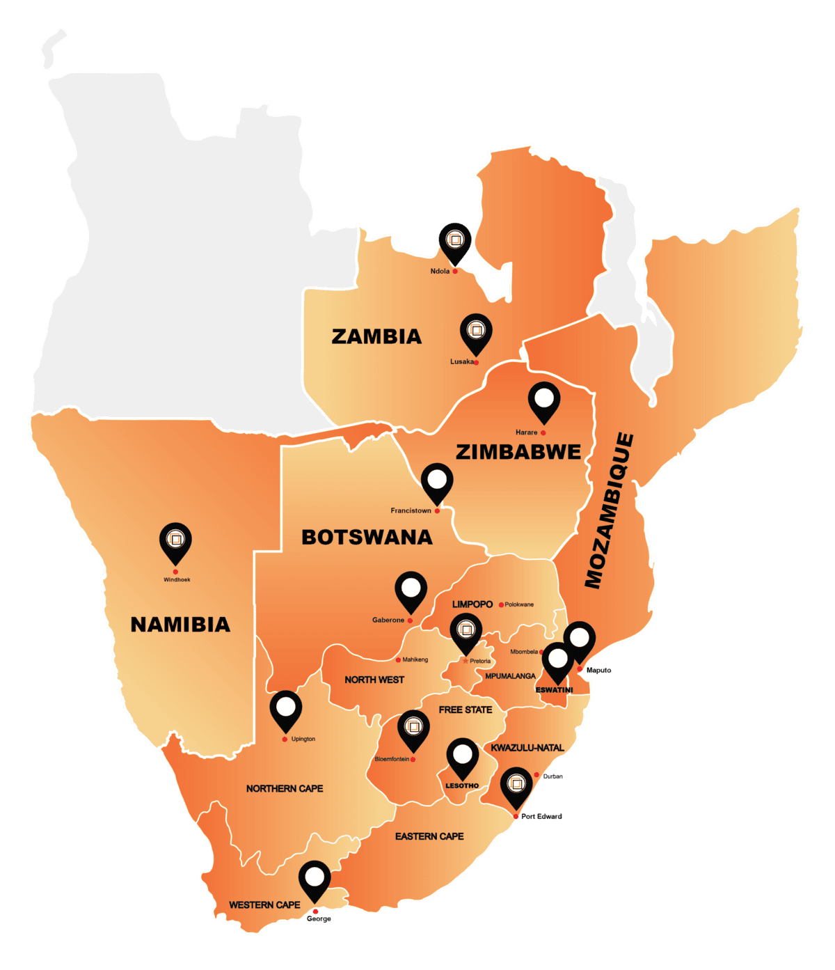 Precast products map of Southern Africa highlighting key regions including South Africa, Namibia, Botswana, Zimbabwe, Zambia, Mozambique, and surrounding areas.