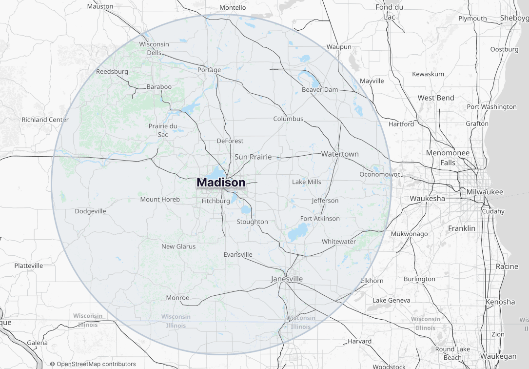 Map showing the Go Exteriors service area centered around Madison, Wisconsin, reaching towns like Sun Prairie, Janesville, and Watertown.