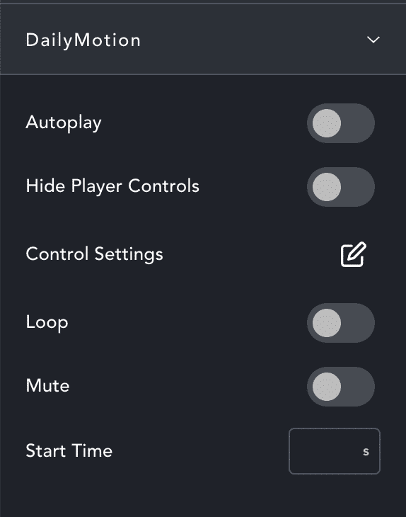 DailyMotion video settings in Breakdance Builder