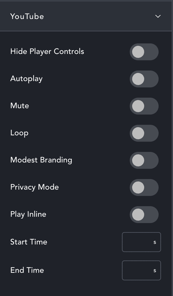 youtube video settings in Breakdance Builder
