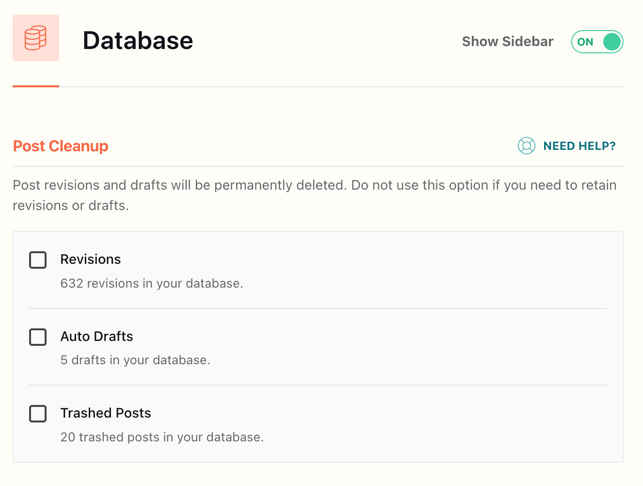database cleanup options from WPRocket