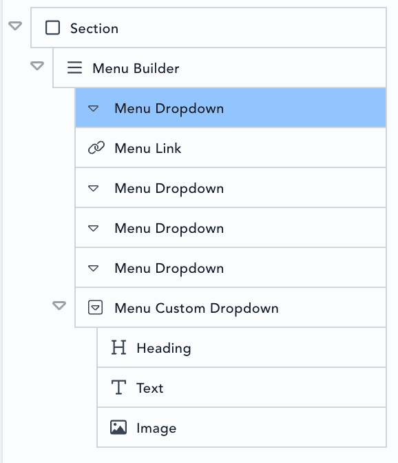 Menu builder with dropdown for additional menu options in Breakdance Builder