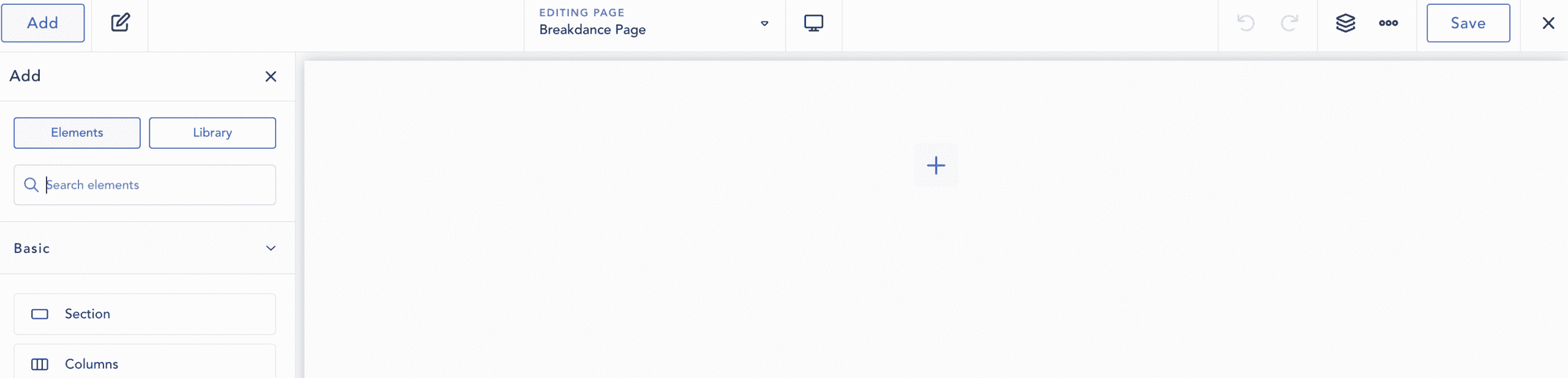breakdance builder default page editing screen