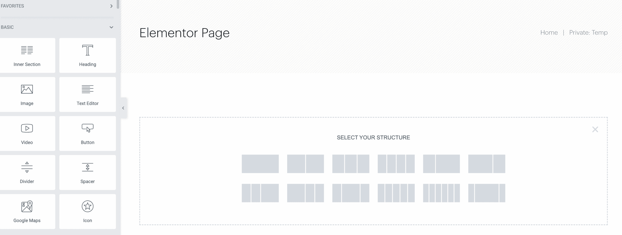 elementor default page editing screen