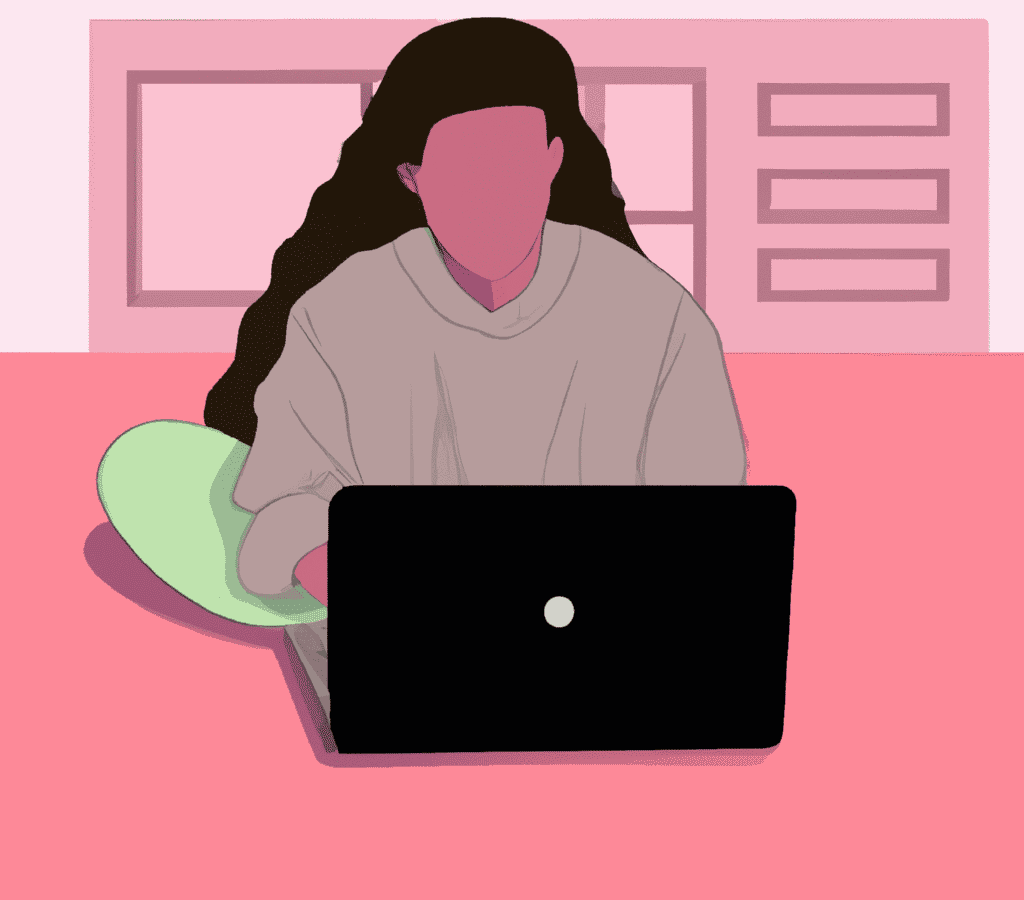 a cartoon lady clip art typing on her laptop inside a bedroom as digital art with pastel colors