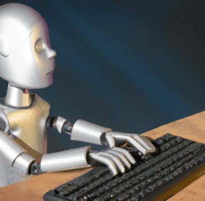a robot typing on a keyboard while sitting in front of a computer screen as digital art