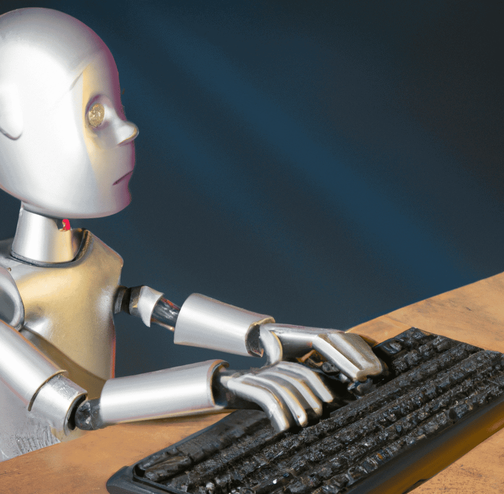 a robot typing on a keyboard while sitting in front of a computer screen as digital art