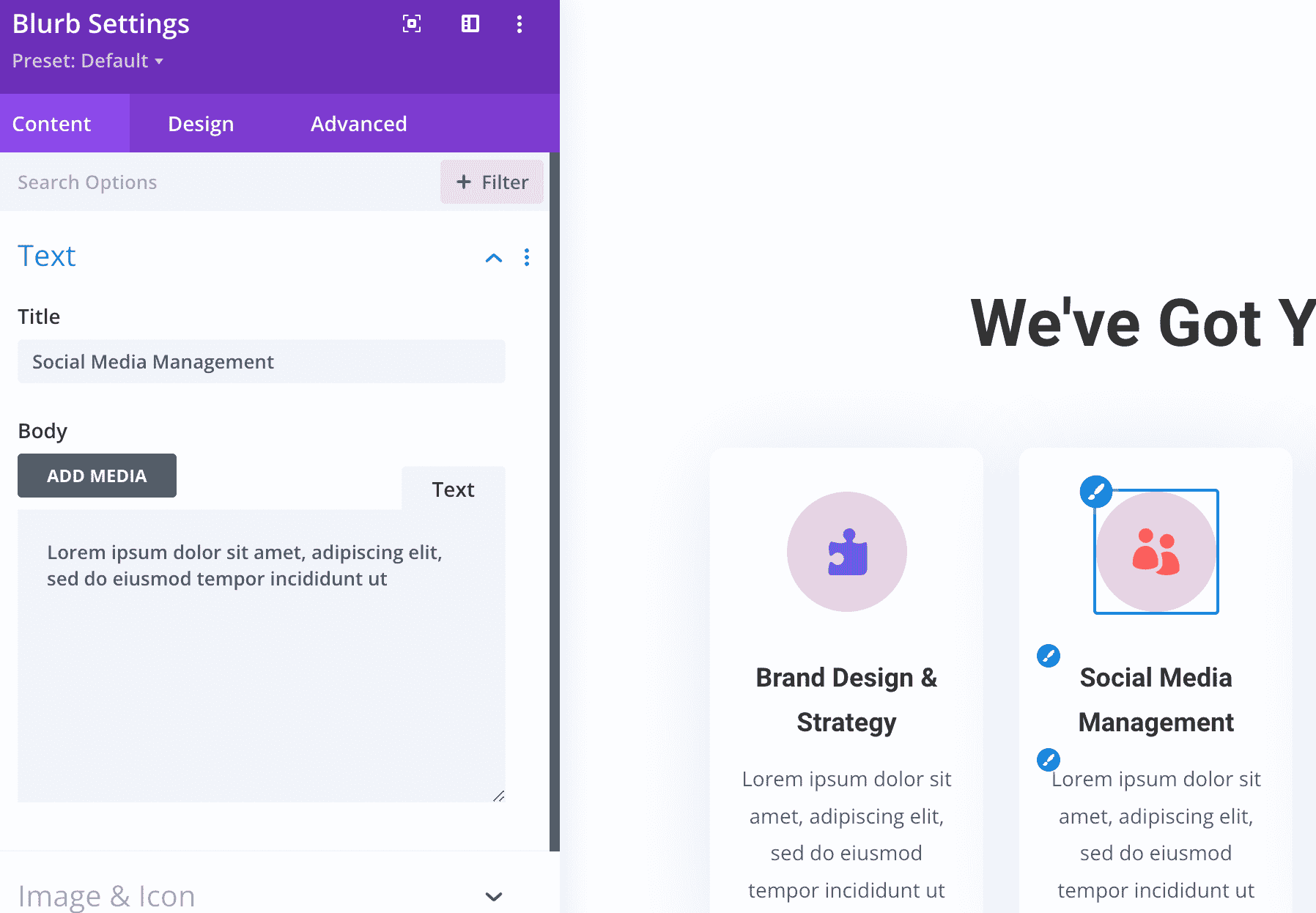 Divi UI/UX visual builder example