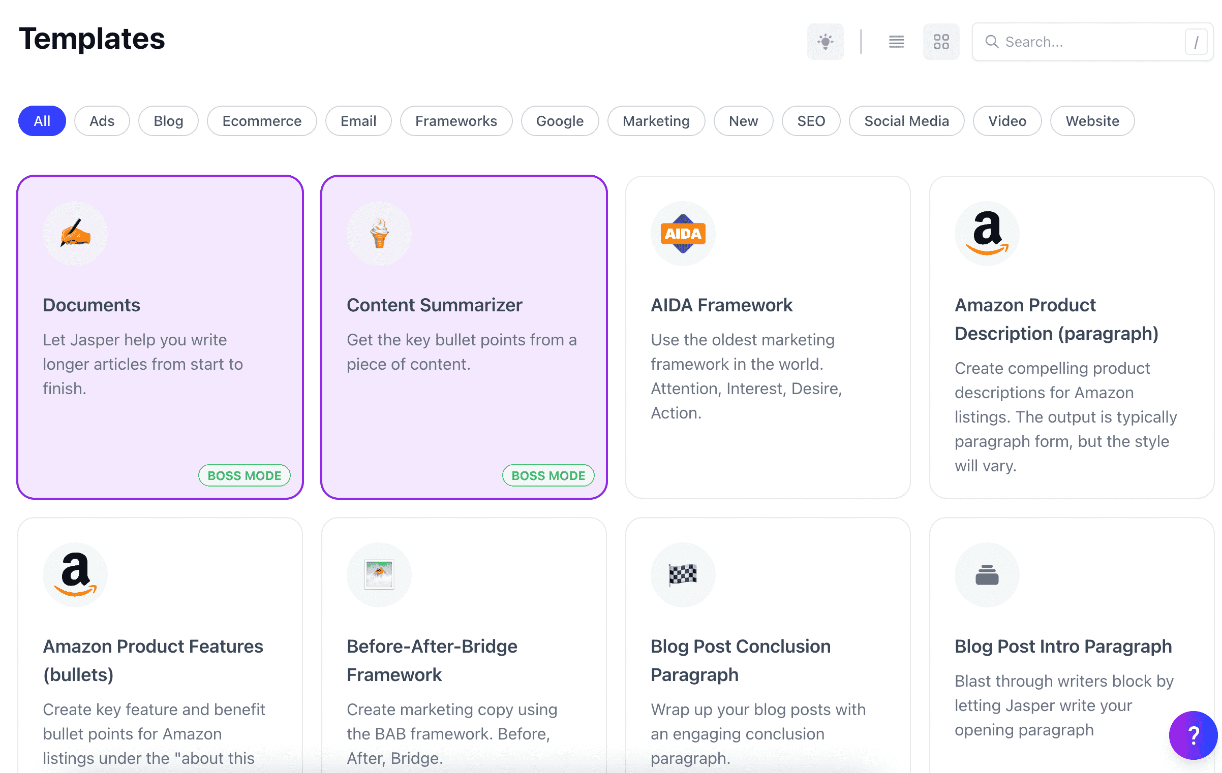 Jasper AI short-form AI content generator. Featuring content summarizer, AIDA framework, and paragraph description generators